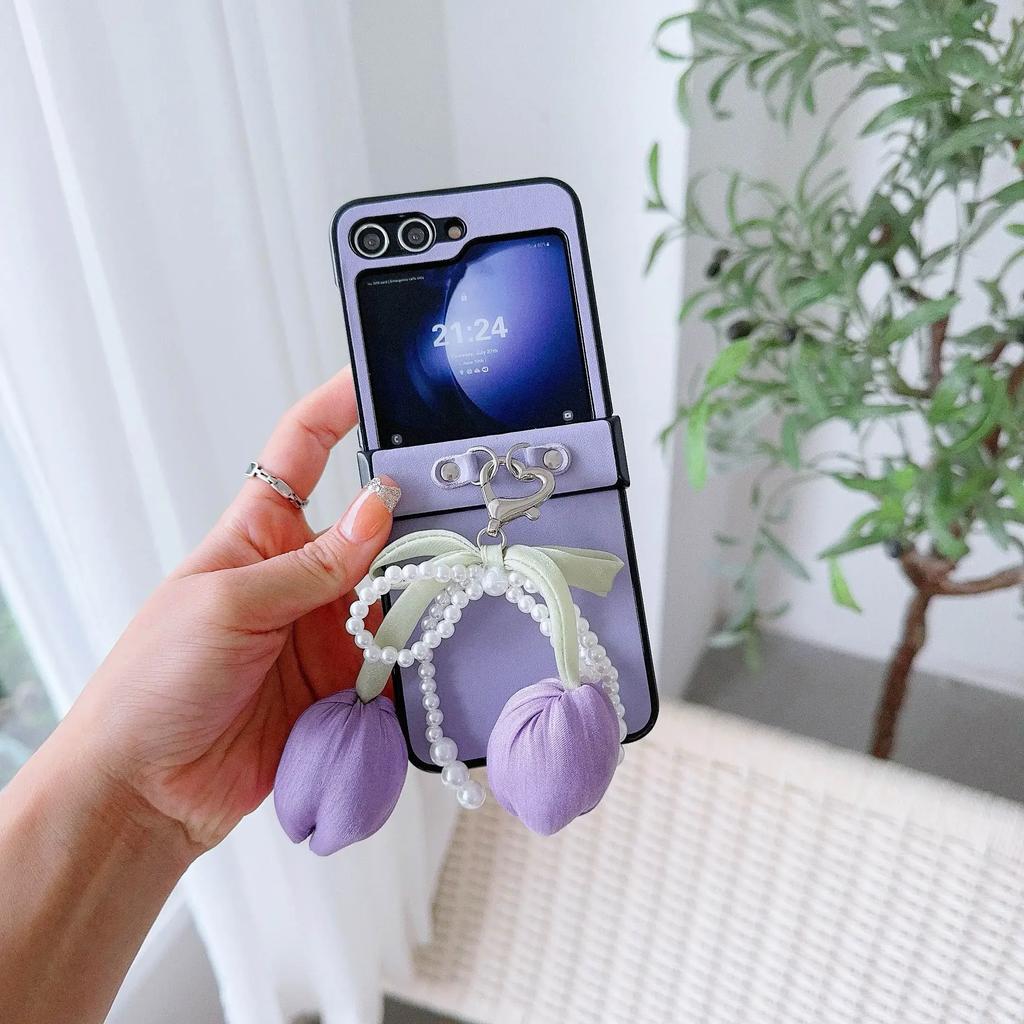 Perlen Schleife PU Leder Blume Handgelenkschlaufe Handyhülle für Samsung Galaxy Z Flip 6 5 4 3 5G Scharnierschutz Stoßfeste Hülle