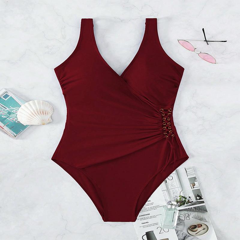 TS JYL-SW180 Solid Drawstring Swimsuit, Tummy Control Conservative Swimwear S