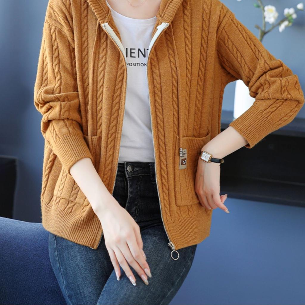 Veste Tricotée à Capuche pour Femmes Polyvalente pour l'Automne et l'Hiver Pull Ample de Couleur Unie Veste Automne et Hiver Cardigan Pull pour Femmes