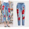 Women's Mid Rise Rose Floral Embroidery Straight Leg Jeans Distressed Cuffed Denim Pants Streetwear Casual Long Trousers