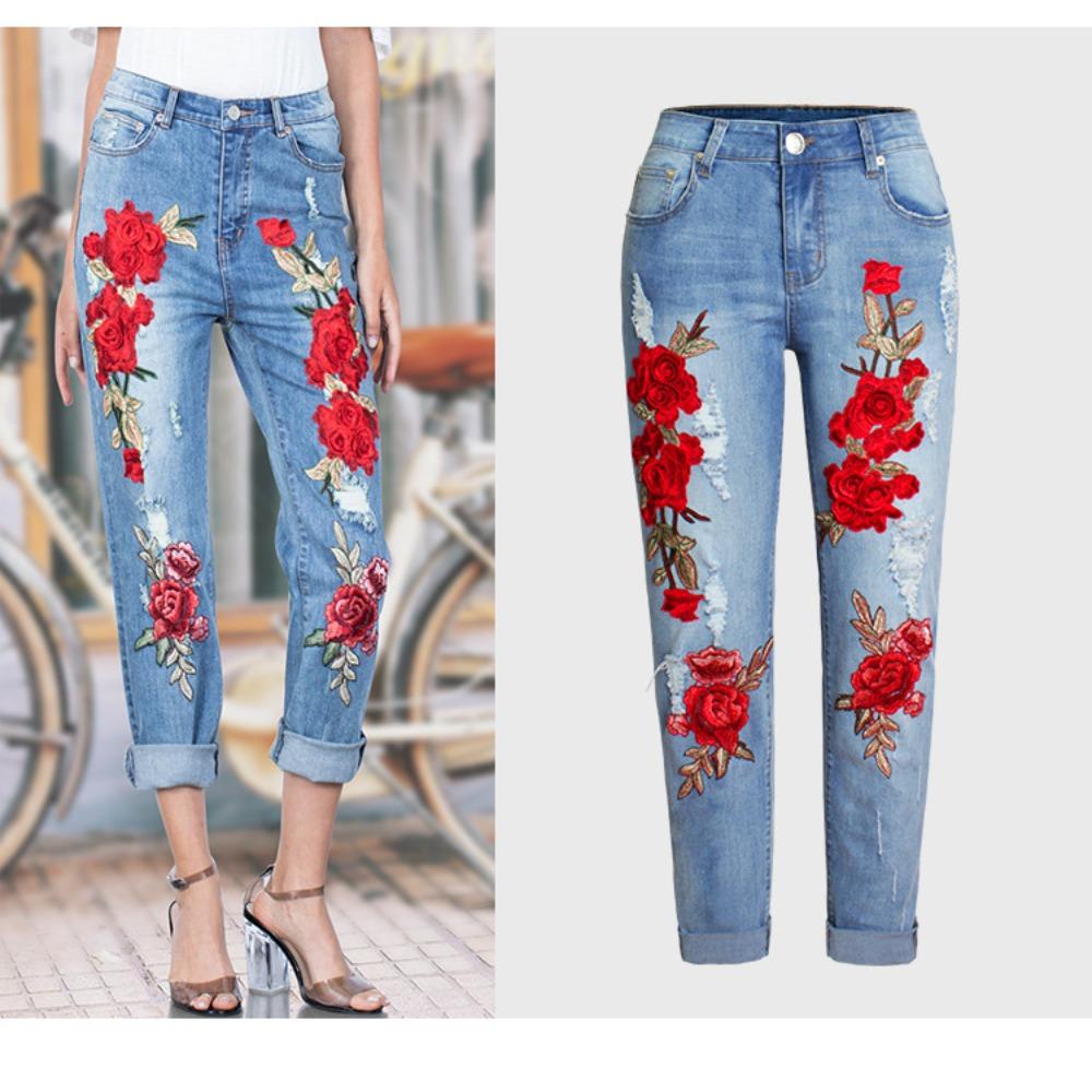 Women's Mid Rise Rose Floral Embroidery Straight Leg Jeans Distressed Cuffed Denim Pants Streetwear Casual Long Trousers