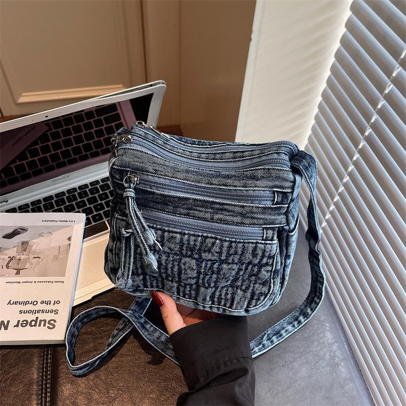 Denim Messenger Bag mit mehreren Reißverschlüssen Damen neue Retro literarische Pendlertasche lässige Mode Umhängetasche