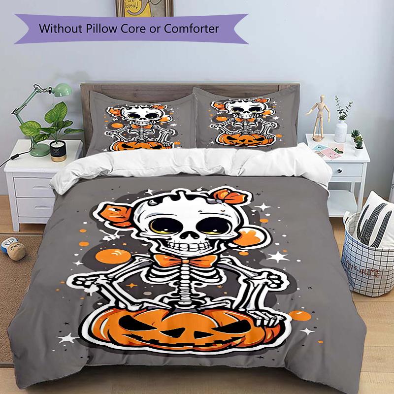 

3pcs Pumpkin Skeleton Bedding Set 1 Soft Quilt Cover + 2 Pillowcases, Suitable for All Seasons N079 135x200cm