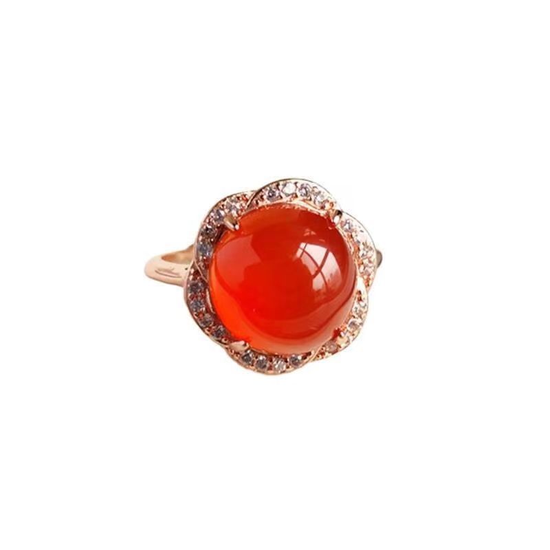 Natural Ice Chalcedony Red Flower Rings for Women Creative Engagement  Inlaid Vintage and Elegant Wedding Jewelry Gift