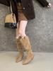 Pointed Thick Heel Pile Boots Tall Boots 2025 Autumn and Winter Khaki Short Boots But Knee Small Boots