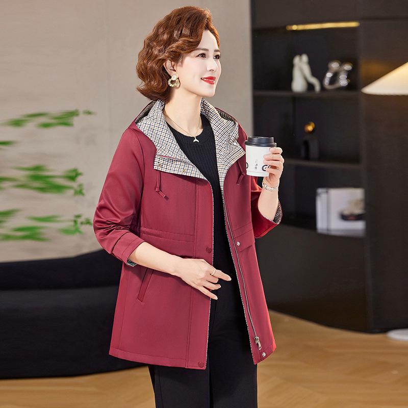 

Spring Plaid Patchwork Hooded Trench Coat for Middle-Aged and Elderly Women 5XL [For 155-165 lbs] червоний