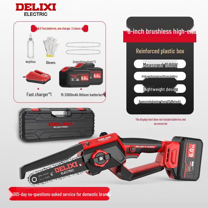 Delixi Cordless Brushless Electric Chainsaw: High-Power, Handheld Lithium Battery Saw for Home Tree Cutting.