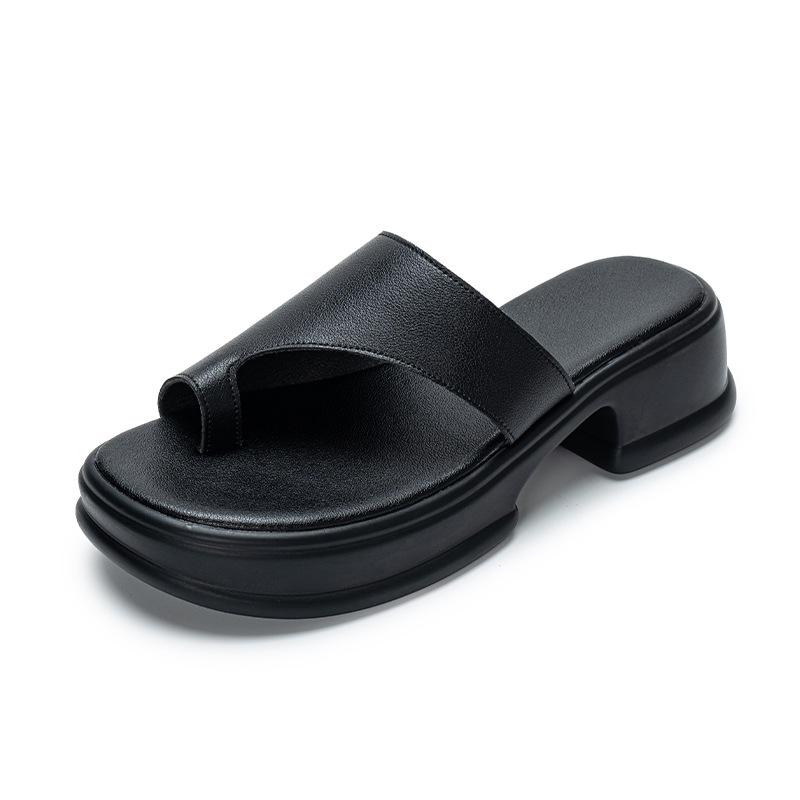 Women s Genuine Leather Platform Sandals - Thick Sole, Toe Post & Cover, Casual Outdoor Beach Shoes. 40 чёрный