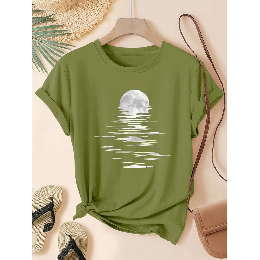 Moonlight Over Water Women's Tee - Minimalist Graphic, Casual Gray Top