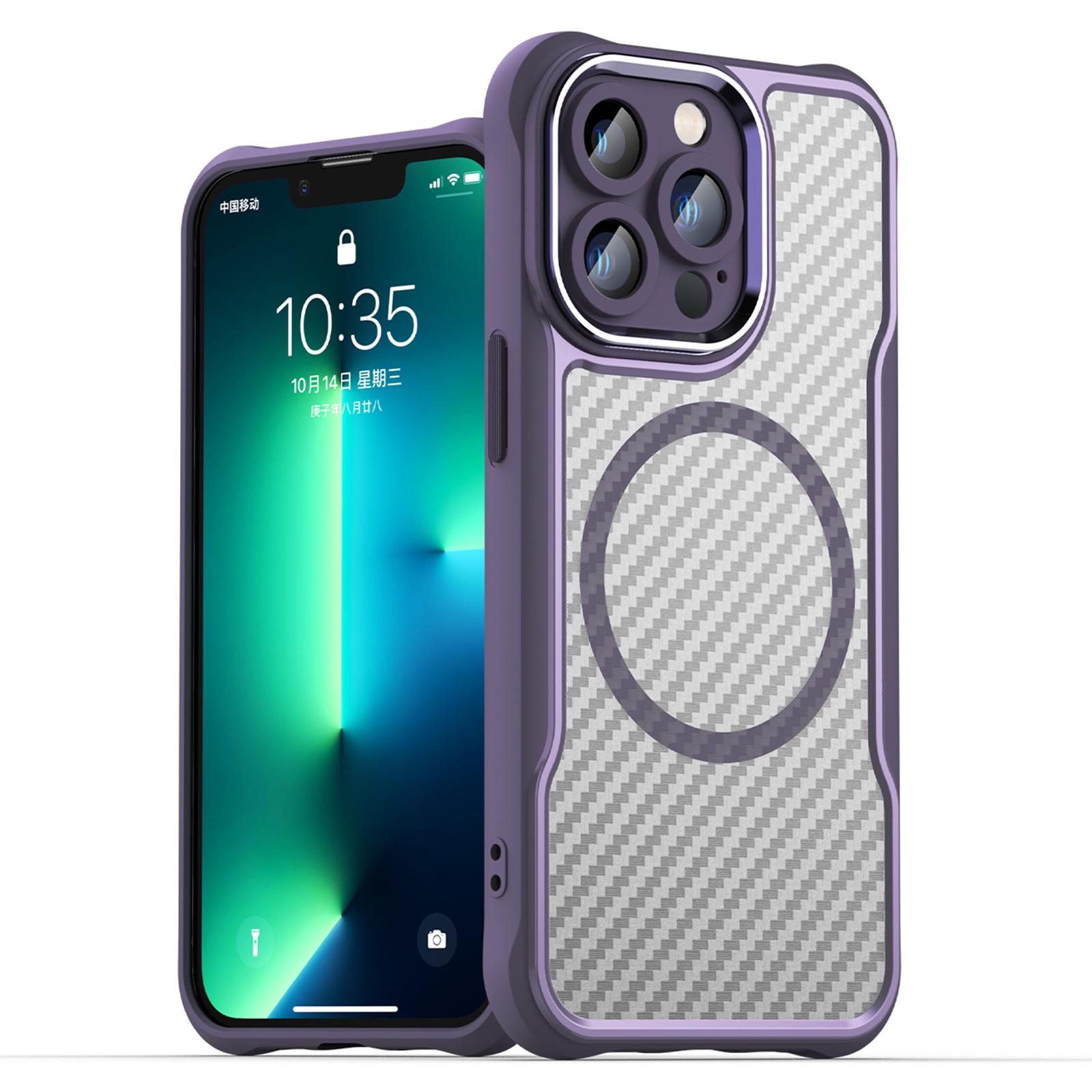 

For iPhone 13 Pro Max Case TPU+PC Phone Cover Compatible with Magsafe Carbon Fiber Purple