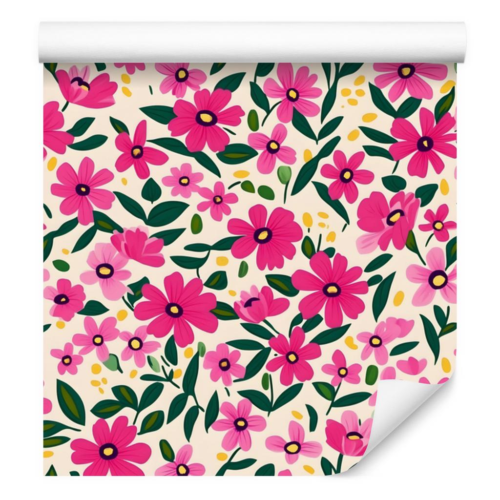 Wallpaper Flowers and Leaves Purple, Powder Pink and Cream 50x1000