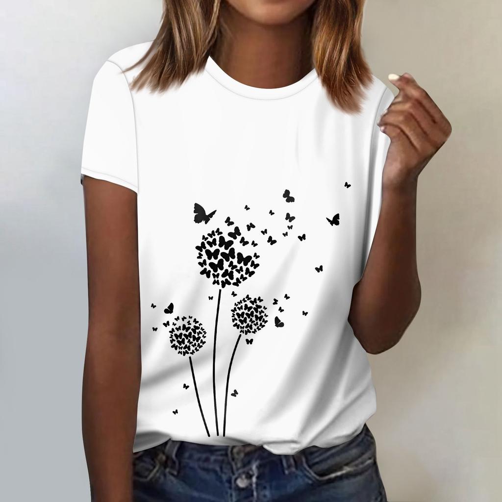Women's Fashion Casual Short Sleeve Flower Print Round Neck Pullover Top Blouse