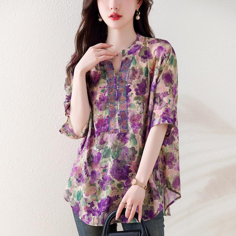 

Летняя женская рубашка с коротким рукавом и v-образным вырезом, уменьшающая возраст, с принтом, с защитой от солнца 3XL фиолетовый