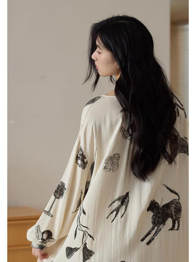 Bamboo Fiber Women's Long Sleeve Wabi-Sabi Nightgown - Mid-Length Autumn Pajamas Dress