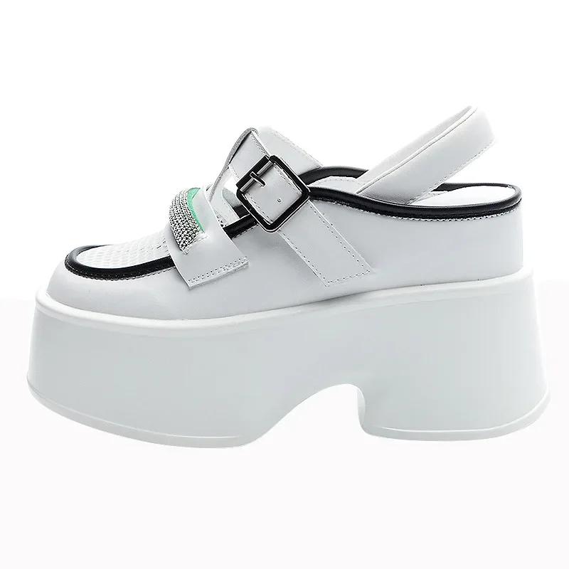 Fashion 11cm New Women's Genuine Leather Sandals Height Increasing Wedges Net Yarn Roman Style Hole Shoes Square Head Cool Trendy