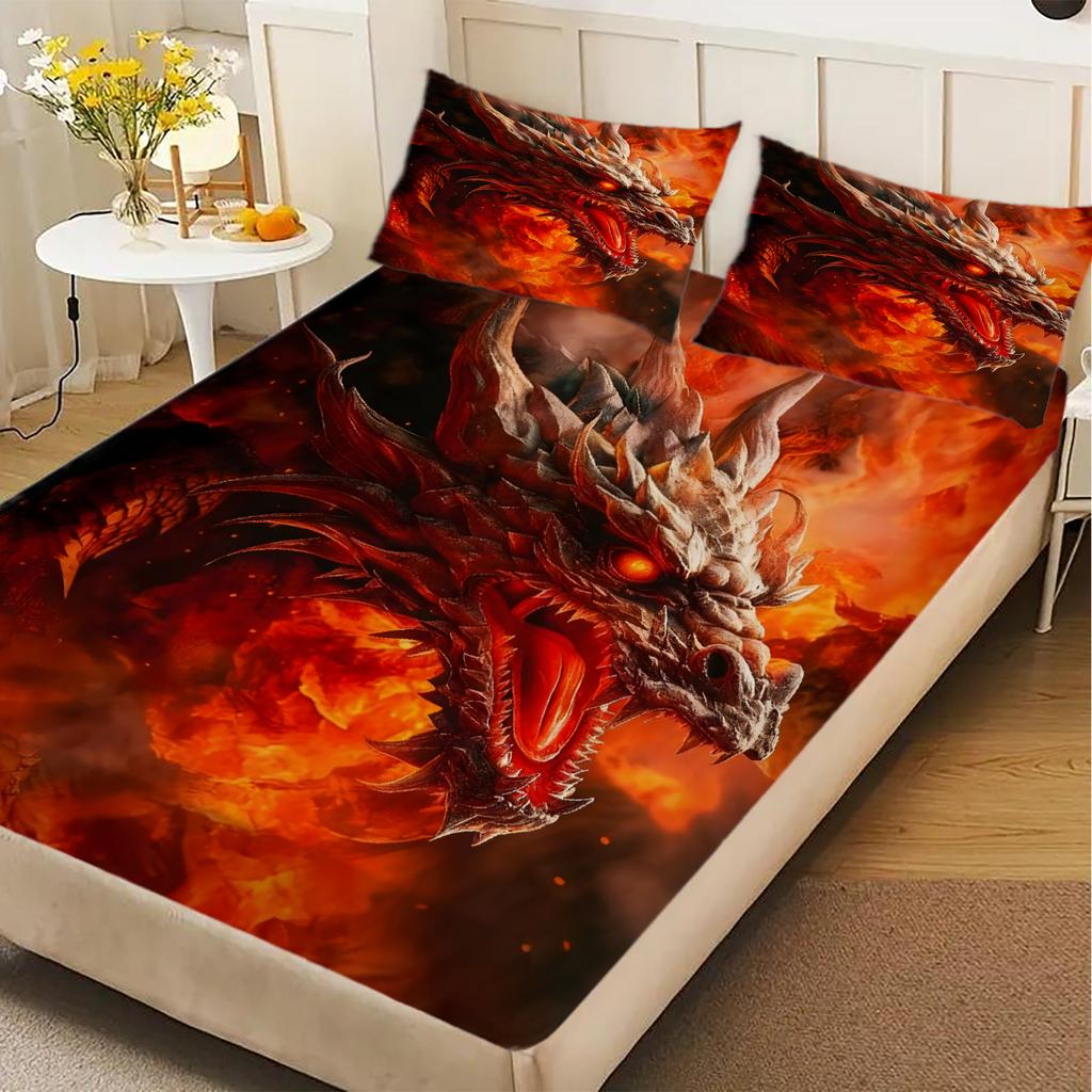 1pc Red Dragon Print Fitted Sheet 100% Polyester Durable Bedding Set Sheet for Home Bedroom Decoration Birthday Gift