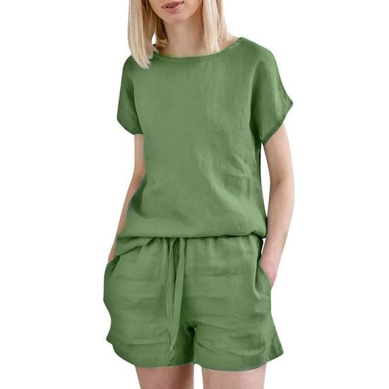 

Женский комплект из двух предметов, хлопковый лен, летний комплект для отдыха, повседневный короткий костюм с круглым вырезом и талией на шнурке для домашней одежды M армия зеленый