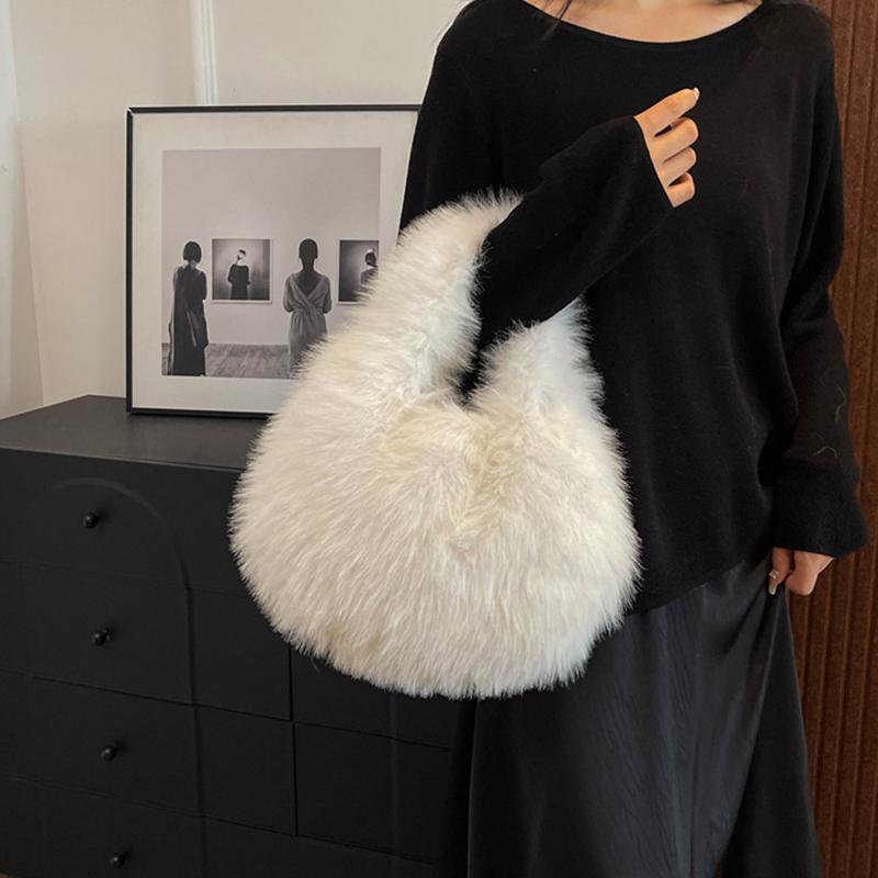 Luxury Soft Plush Half Moon Bag Faux Fur Fluffy Lady Handbags Female Winter Purse Party Clutch Bag Casual Tote Bag