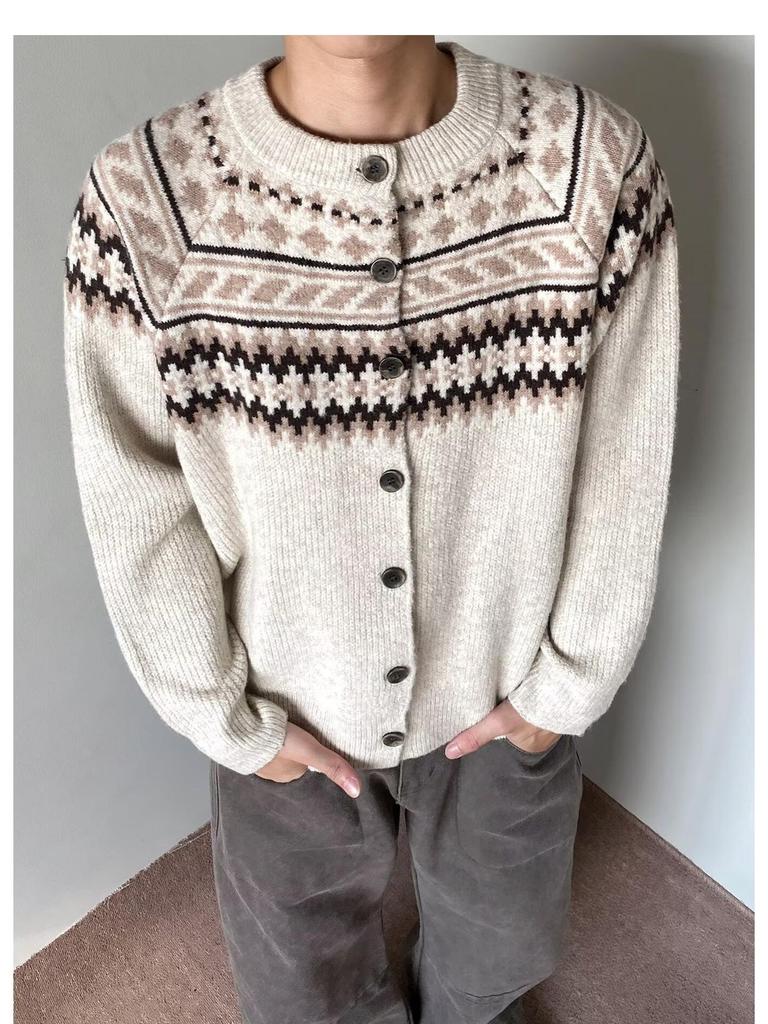 Unisex Fair Isle Button Cardigan - Autumn/Winter Retro Ethnic Knitwear
