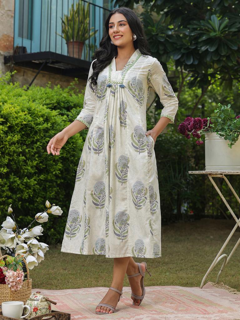 Rochie imprimată manual cu blocuri| Rochie cu imprimeu bloc| Rochie albă cu imprimeu floral| Rochie de toamnă| Cadouri pentru ea| Rochie de bumbac cu buzunare Făcută manual în India