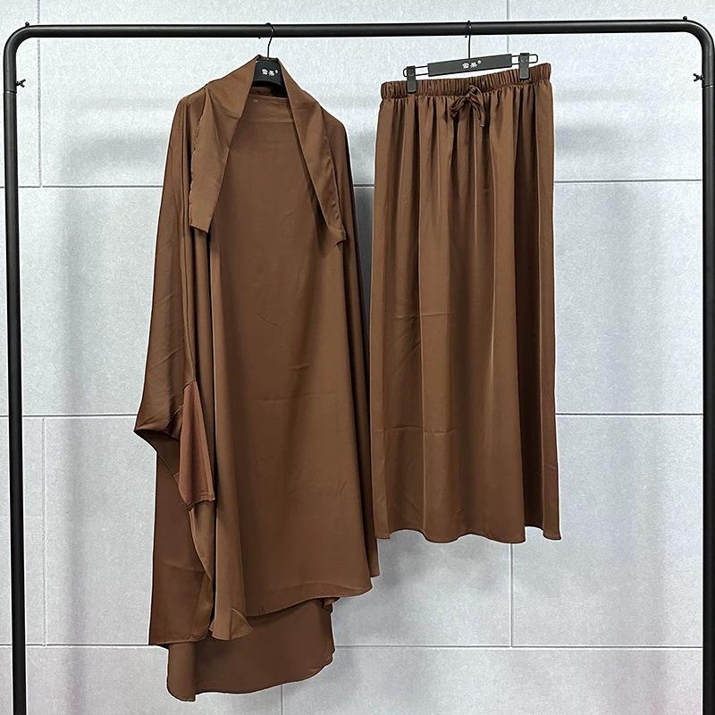 Plus Size Solid Color Dubai Dress & Skirt Set for Muslim Women - Loose Wide Hem
