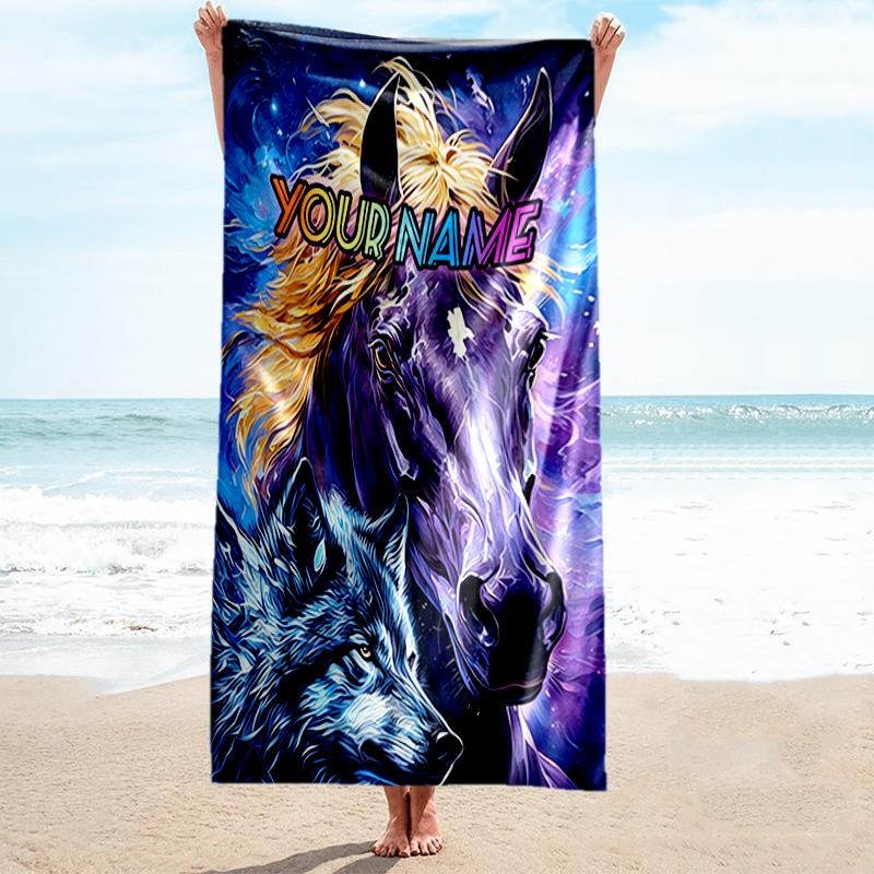 1PC Custom Name "Galactic Horse Wolf" Beach Towel Highly Absorbent And Sand-Resistant Towel for Swimming, Pool, Yoga, And Travel Lightweight