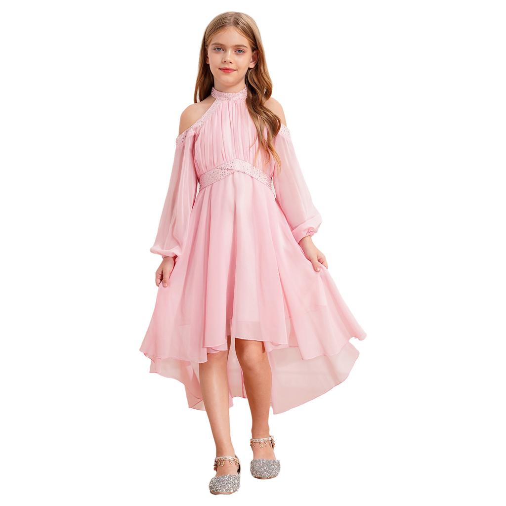 Children‘s High Waist Ruffled Dress Halter Off Shoulder Long Sleeve Irregular Hem Fake Diamond Embellished for Prom Wedding Party