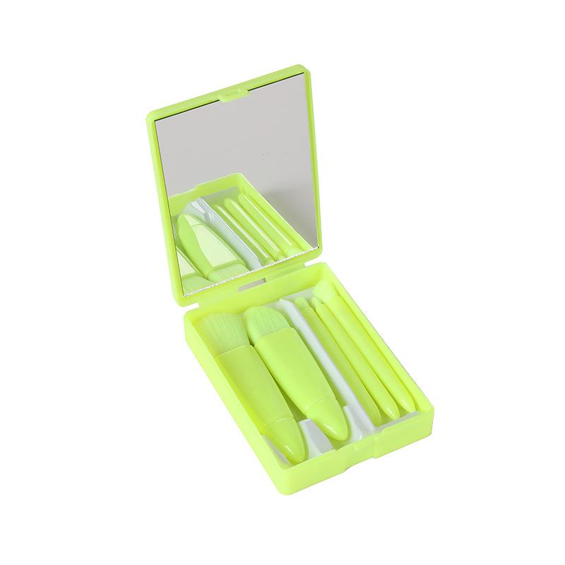 

Compact 5-Piece Travel Brush Set with Mirror: Powder, Foundation, Eyeshadow Brushes & Makeup Tools