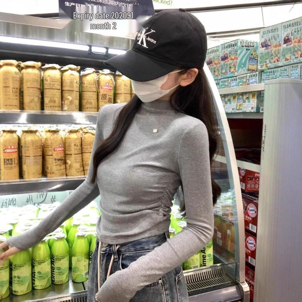 Women's Spicy Girl Gray Ruched Slim-Fit Long-Sleeve Turtleneck Top for Autumn/Winter