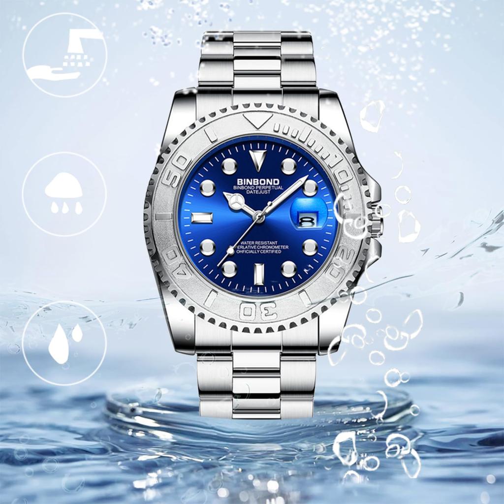 Silver Waterproof Watch with Calendar Luminous Analogue Watch with Rotatable Stainless Steel Simple and Stylish Quartz Watch for Casual and Business