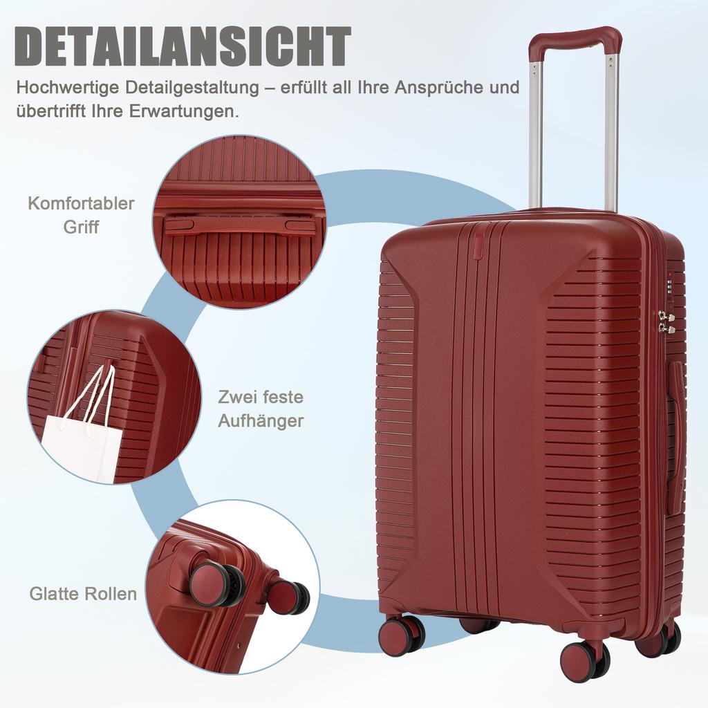 20"/24"/28" 3-Piece PP Spinner Luggage Set – Sizes with Side Handles, Hanging Hooks & Protective Feet – Integrated Combination Lock (Red)