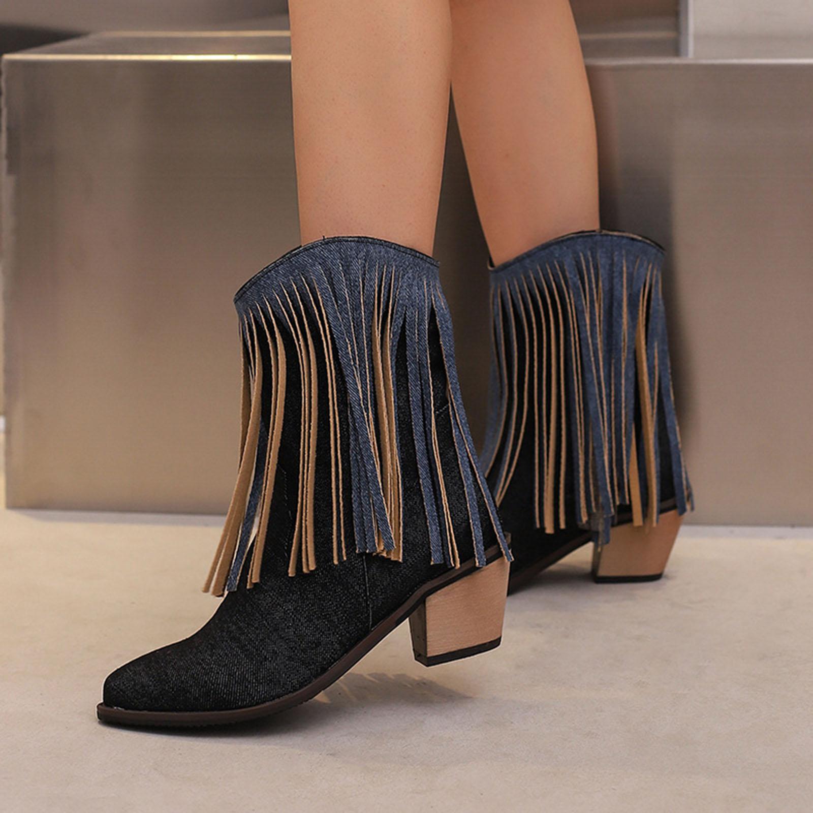 

2026 Women Tassel Western Booties Chunky Block Heel Suede Cowboy Ankle Boots Fringe Pointed Closed Toe V Cut Stacked Heel Shoes 39 чорний