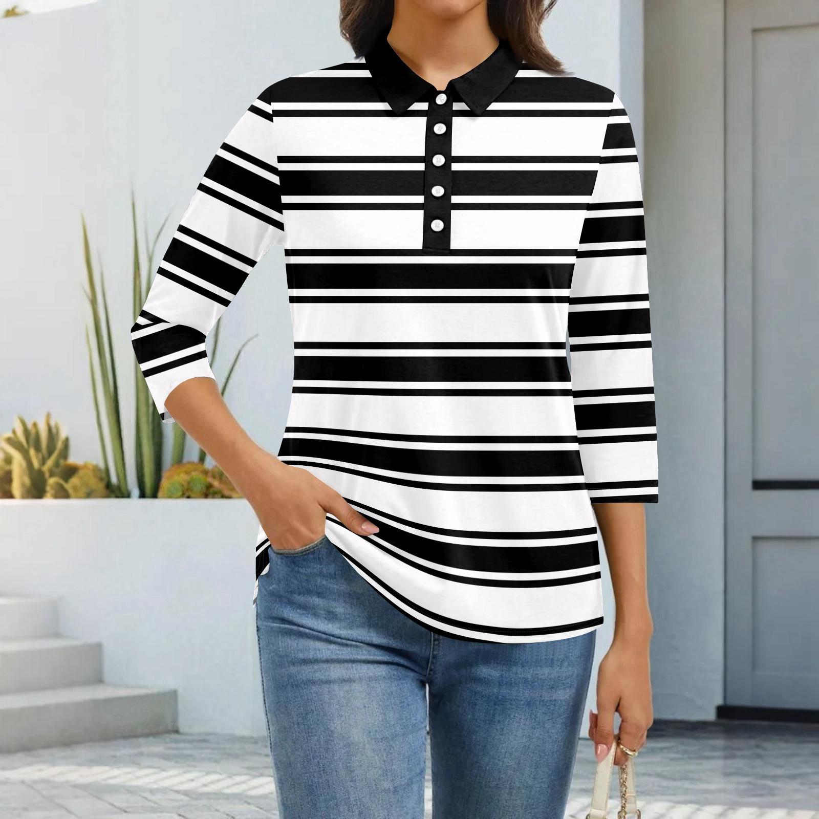 

Women s Fashion Casual Lapel Short 3/4 Sleeve Print Shirt Women s Button Up Tops L