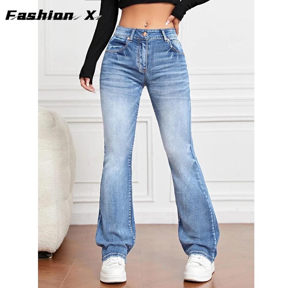 Women's Long Casual Denim Trousers Women's Stretch Jeans Straight Legs