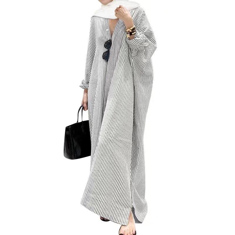 

2024 Spring Elegant Cotton-Linen Striped Cardigan: Loose, Plus Size, Irregular Dress L серый
