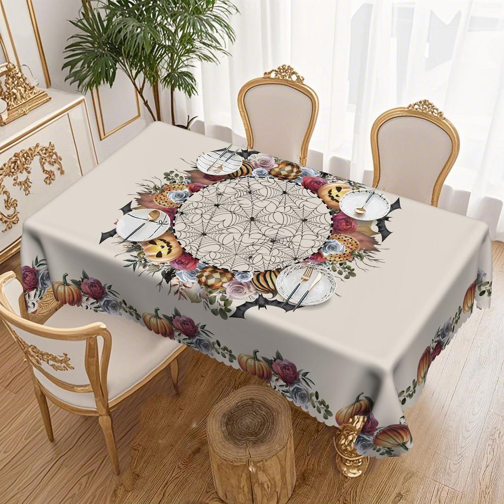 1Pc Halloween Themed Tablecloth - Ghost Pumpkin, Spider Web, Bat And Haunted House Pattern Design Tablecloth