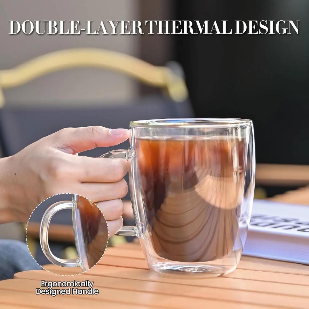 Doppelwandiger Kaffeebecher (4er-Packung) 16oz transparenter Becher mit Henkel, isoliert, für Cappuccino, Tee, hitzebeständiger Latte-Becher
