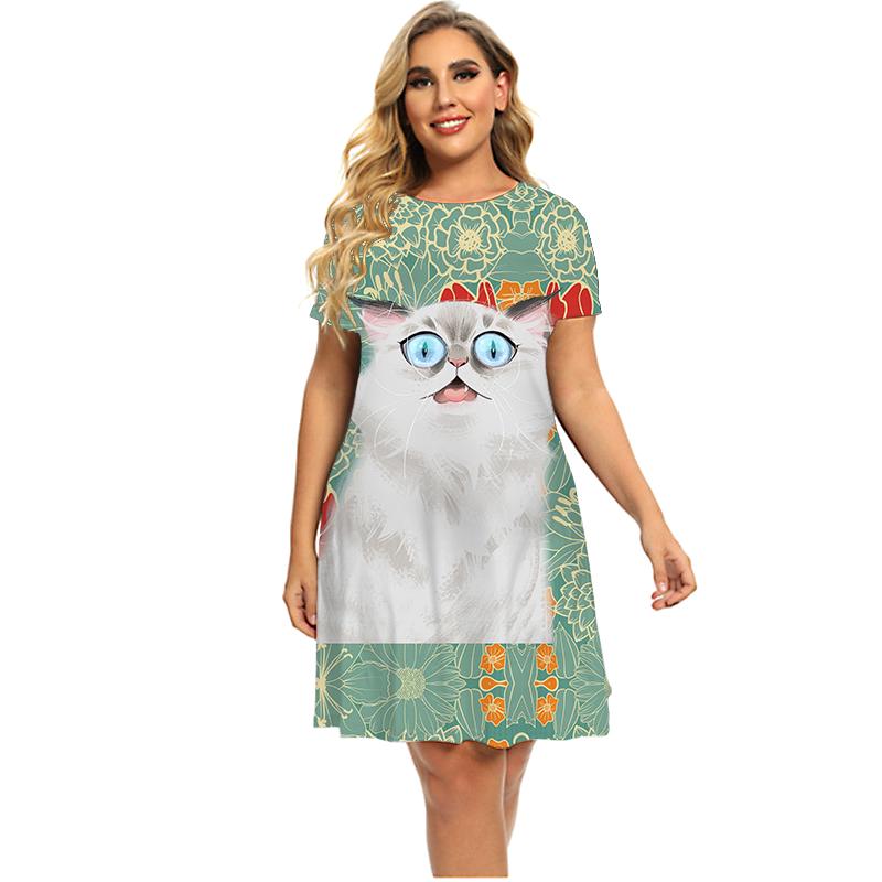 Kleid mit tiefem Wald-Tier-Katzen-Muster für Damen, für den Sommer 2022, kurzärmelig, modisch, Kawaii, A-Linie, Kleid, übergroße Kleidung