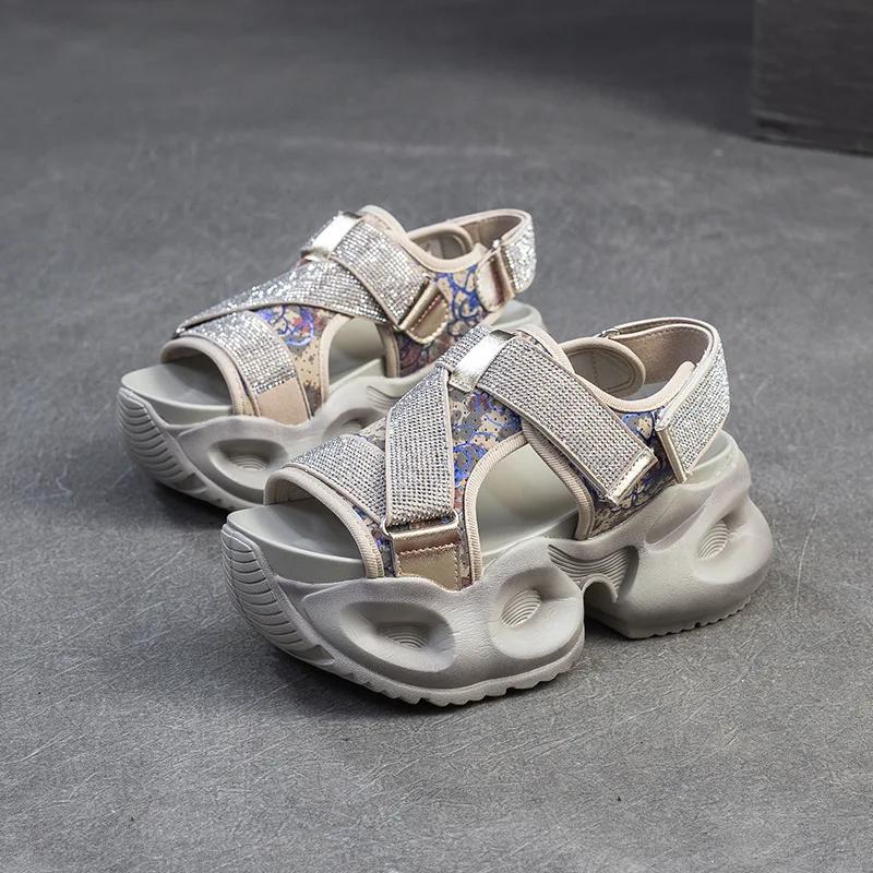 Fashion 6.5CM Synthetic Leather Summer Bling Mixed Color Fsahion Peep Toe Hollow Platform Wedge Chunky Sneaker Women Comfy Shoes