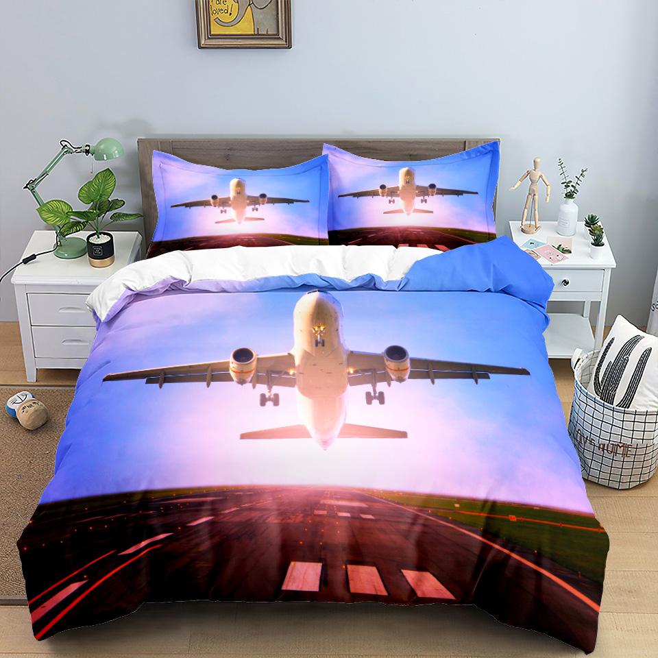 Comforter 3D Airplane King Queen Blue Sky Aviation Aircraft Runway Bedding Set Modern Transport 2/3Pcs