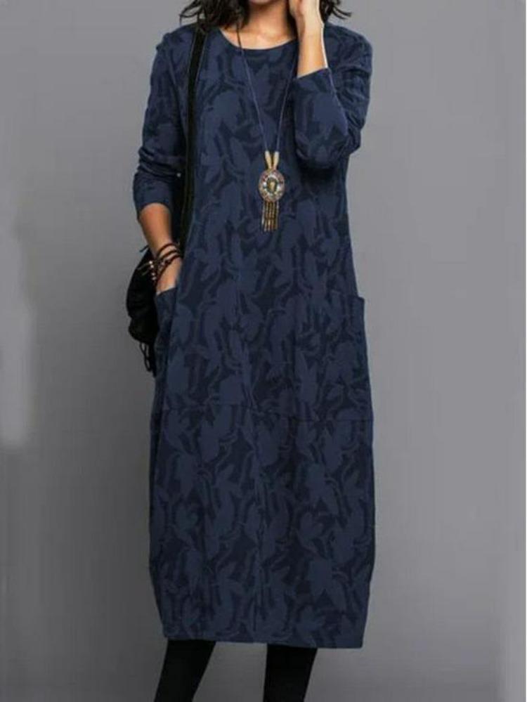 

Women Casual Long Sleeve Pocket Dress Spring Autumn Round Neck Print 5XL синій
