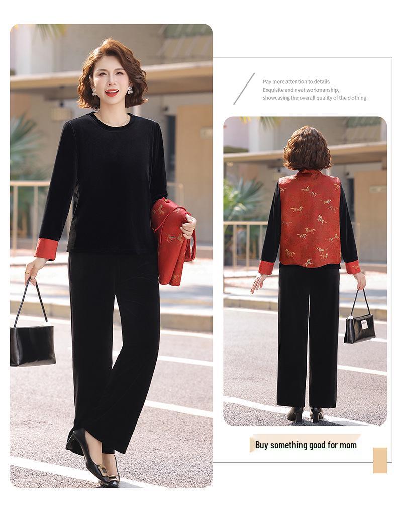 Gold Velvet Spring Suit: Chinese Style Three-Piece Set for Middle-Aged and Elderly Women