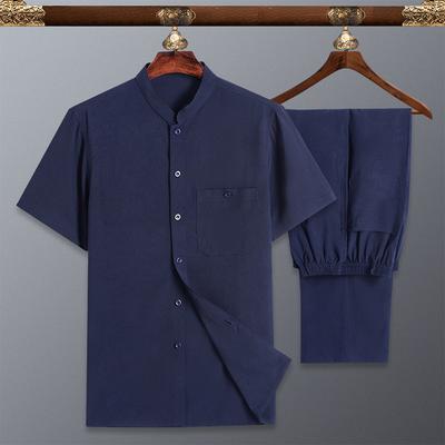 Summer Short-sleeved Men's Two-piece Ice Silk Thin Loose Cardigan Dad Wear Half-sleeved Stand-up Collar Casual Suit
