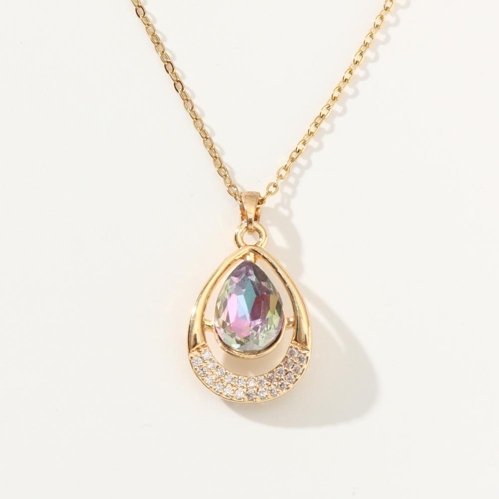 Teardrop Shape Colored Rhinestones Pendant Necklace for Women Golden Stainless Steel Chain Wedding Party Jewelry Accessories