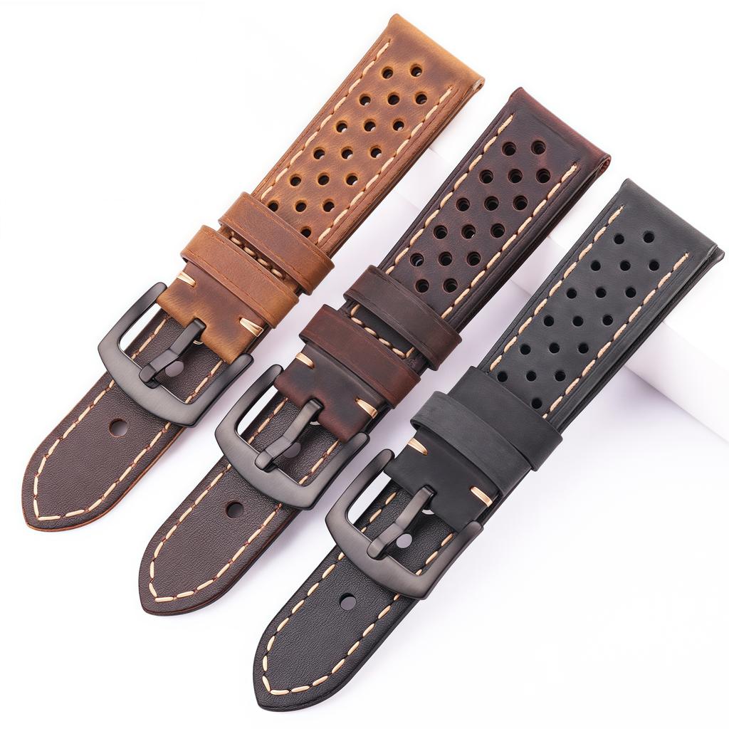 Genuine Cow Leather Watch Strap Bracelet Women Men Breathable Watchband 4 Colors 20mm 22mm 24mm Belt with Steel Pin Buckle