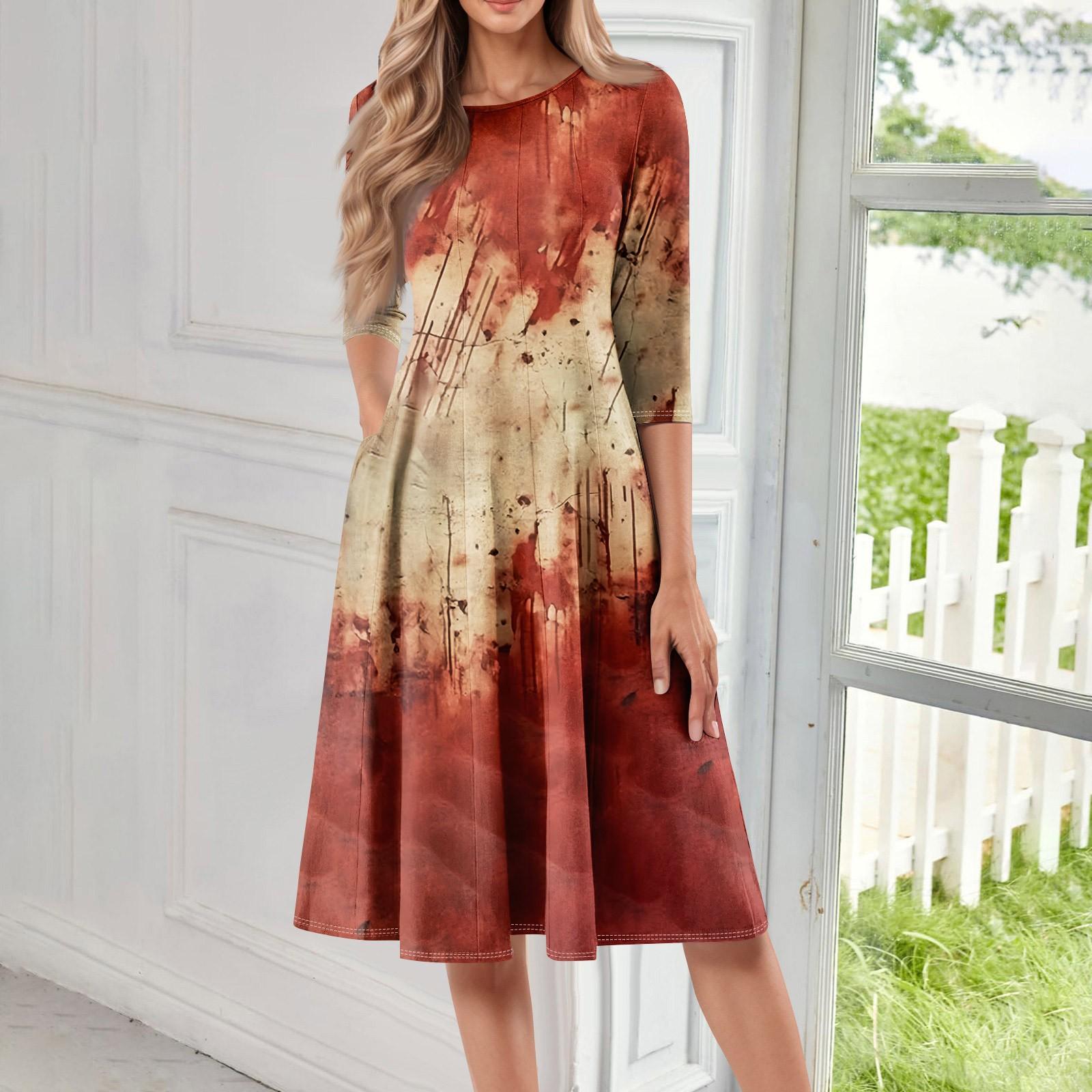

Women s Casual Fashion Round Neck Three Quarter Sleeve Halloween Print Midi Dress XL