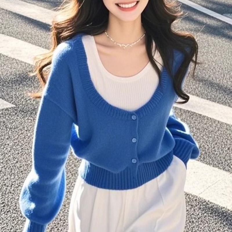 Blue Fake Two Piece Knit Top Women Autumn Winter Beautiful Sweater