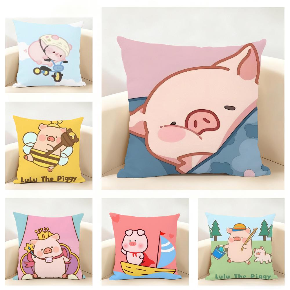 Cartoon LLuLu the Piggy Pink Cushion Cover Linen Pillowcase Soft for Sofa Bed Home Room Decor