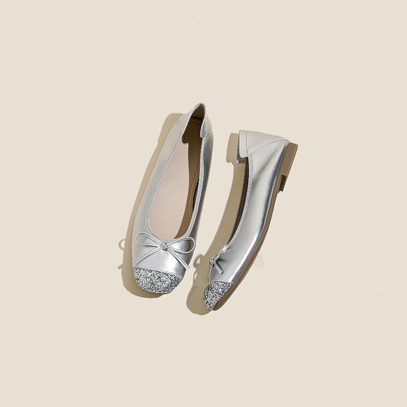 Girls' Champagne Flat Ballet Shoes with Bowknot, Soft Sole Low-Cut Grandma Shoes, Stylish Casual Single Shoes for Daily Wear XW-977-18