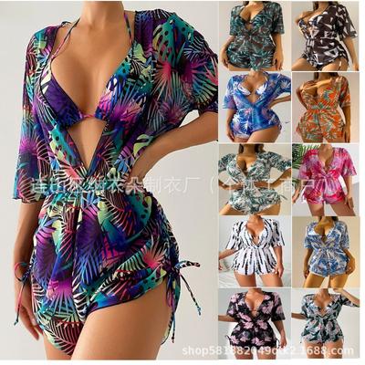 Swimsuit Beach Sunscreen Tropical Plant Printed Blouse Swimsuit Women's Three-piece Neck Bikini